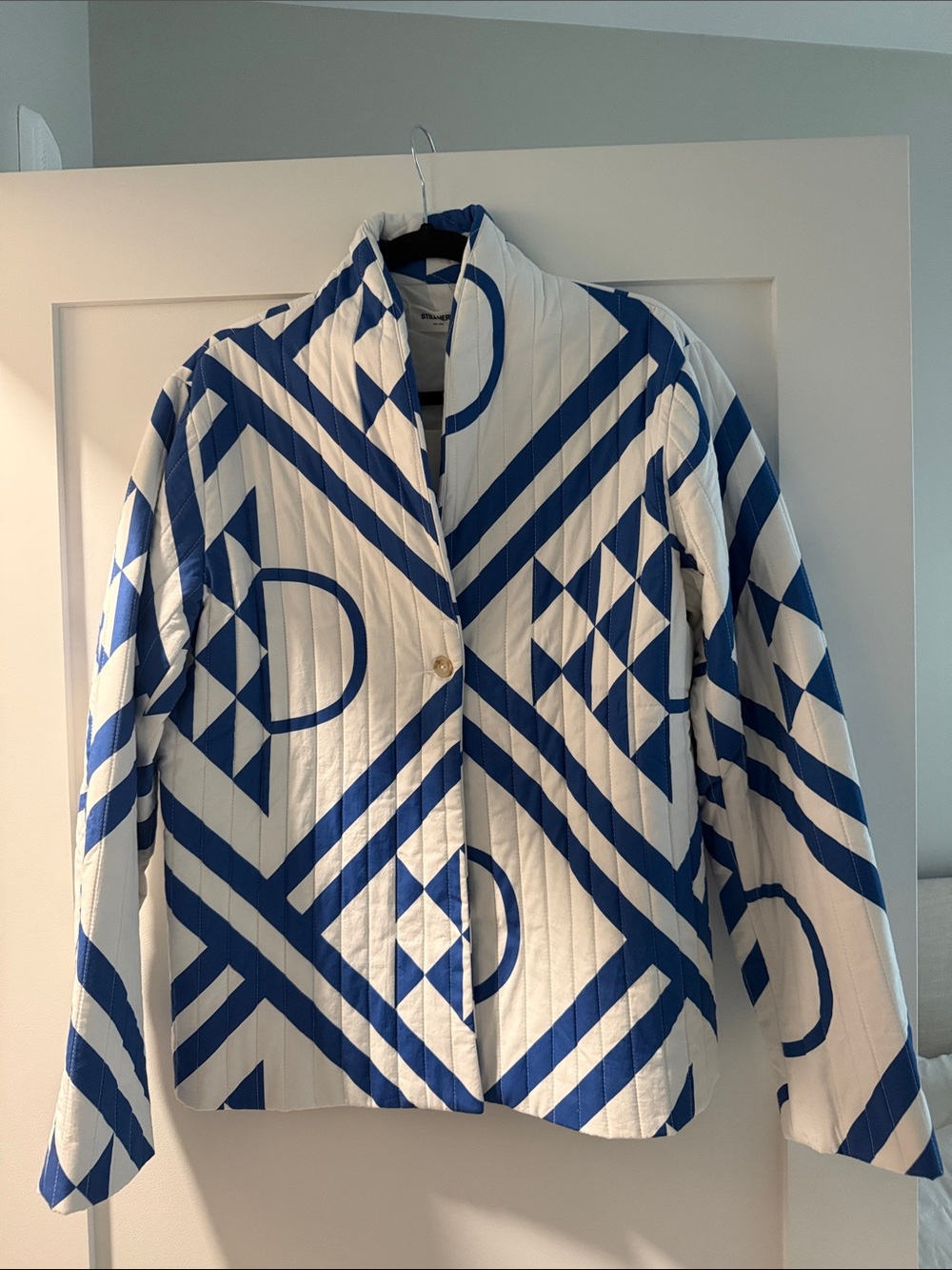 Still Here London Blazer Blue & White Geometric Quilted Jacket